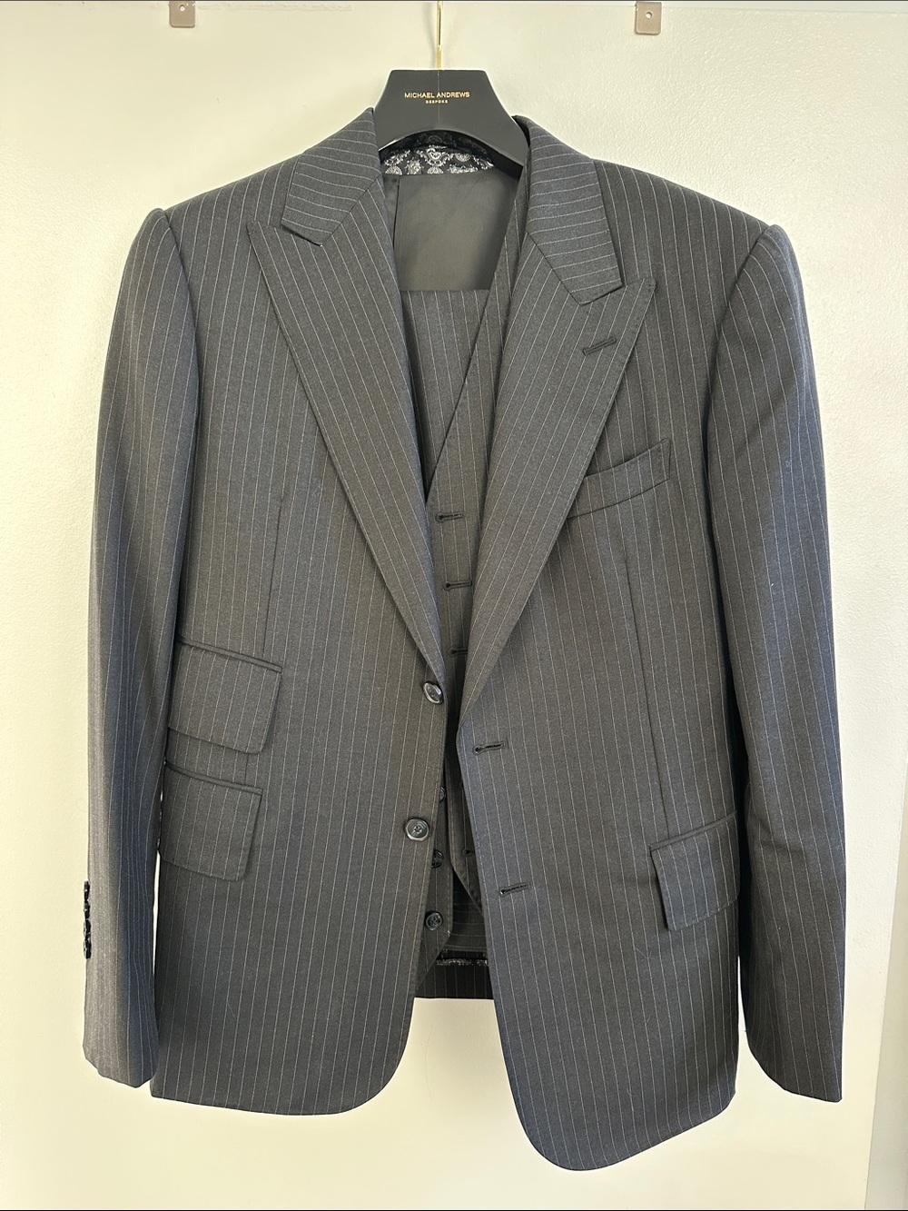 Classic Men's Charcoal Pinstripe Three Piece Suit by Michael Andrews
